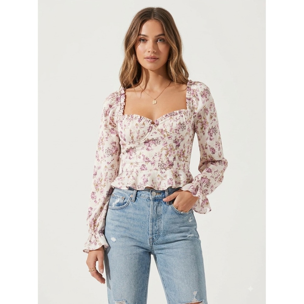 Astr the Label Top Womens S Cream Floral Sweetheart Romantic AT17195 Smocked